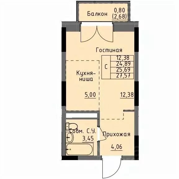 Студия Удмуртия, Ижевск Строитель жилрайон, 4-й мкр,  (25.69 м) - Фото 1