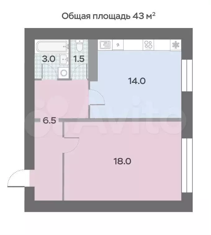 1-к. квартира, 43 м, 5/10 эт. - Фото 0