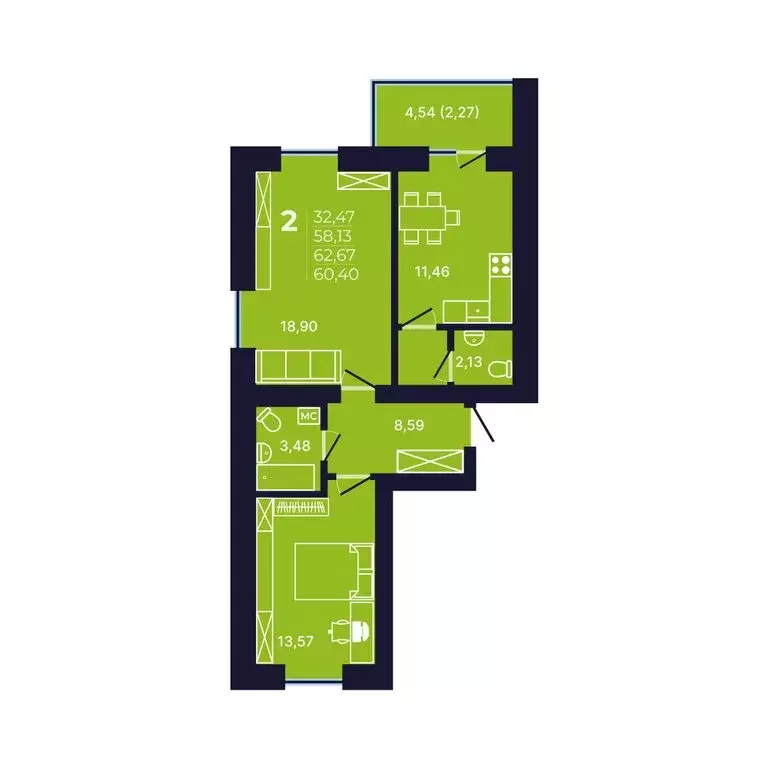 2-комнатная квартира: Уфа, улица Михаила Зайцева, 6 (60.9 м) - Фото 1