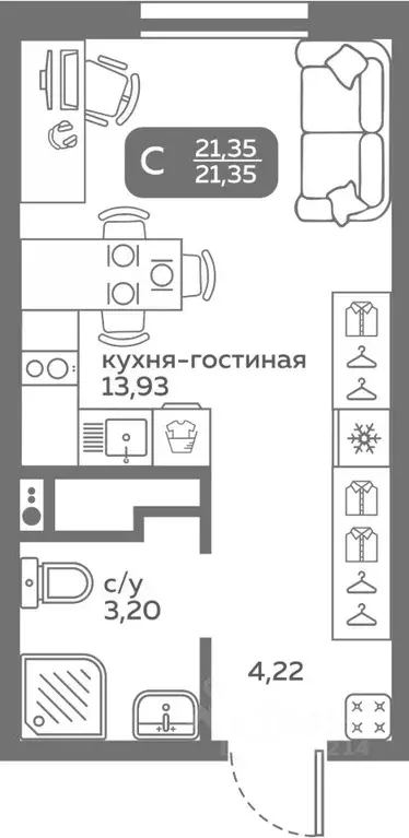 Студия Тюменская область, Тюмень ул. Вадима Бованенко, 10 (21.35 м) - Фото 1