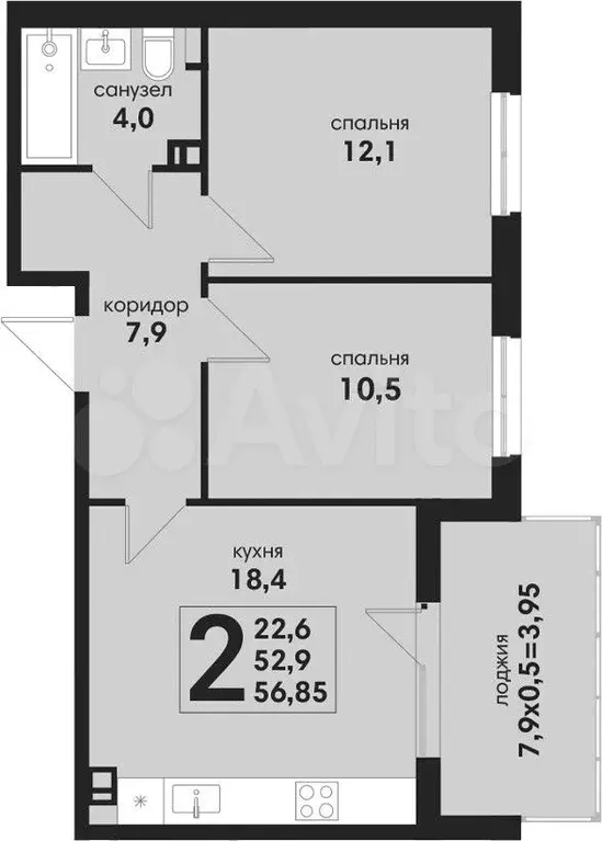 2-к. квартира, 56,9 м, 3/4 эт. - Фото 1