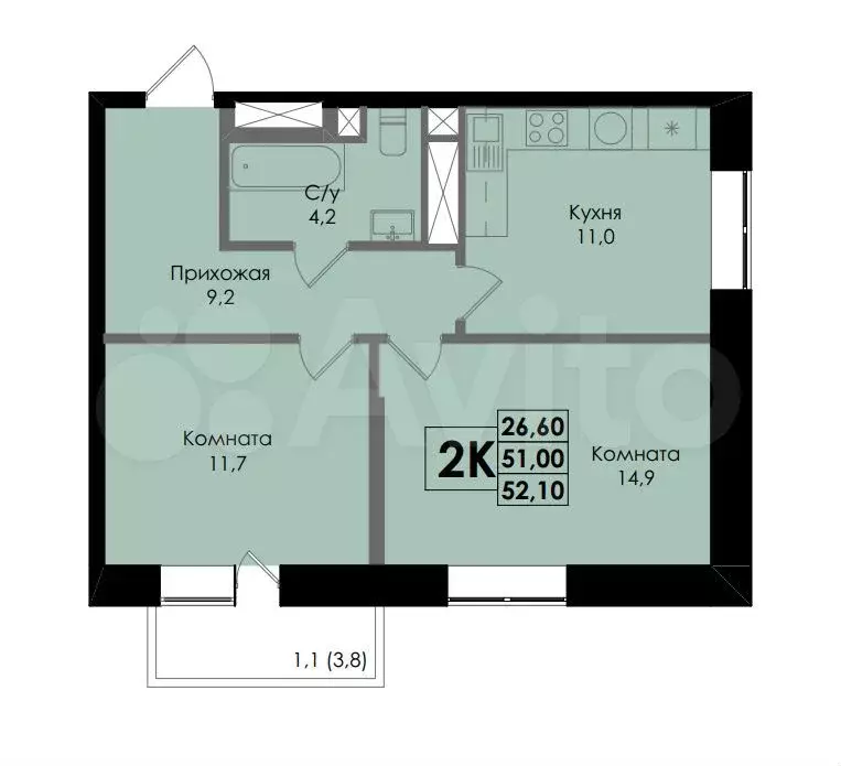 2-к. квартира, 52,1 м, 16/16 эт. - Фото 0