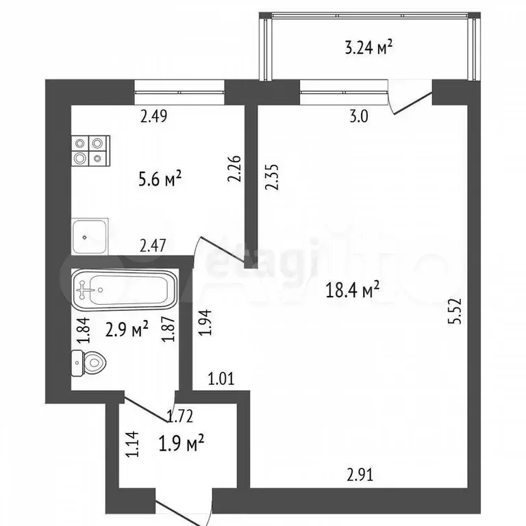 1-к. квартира, 30,6 м, 2/5 эт. - Фото 0