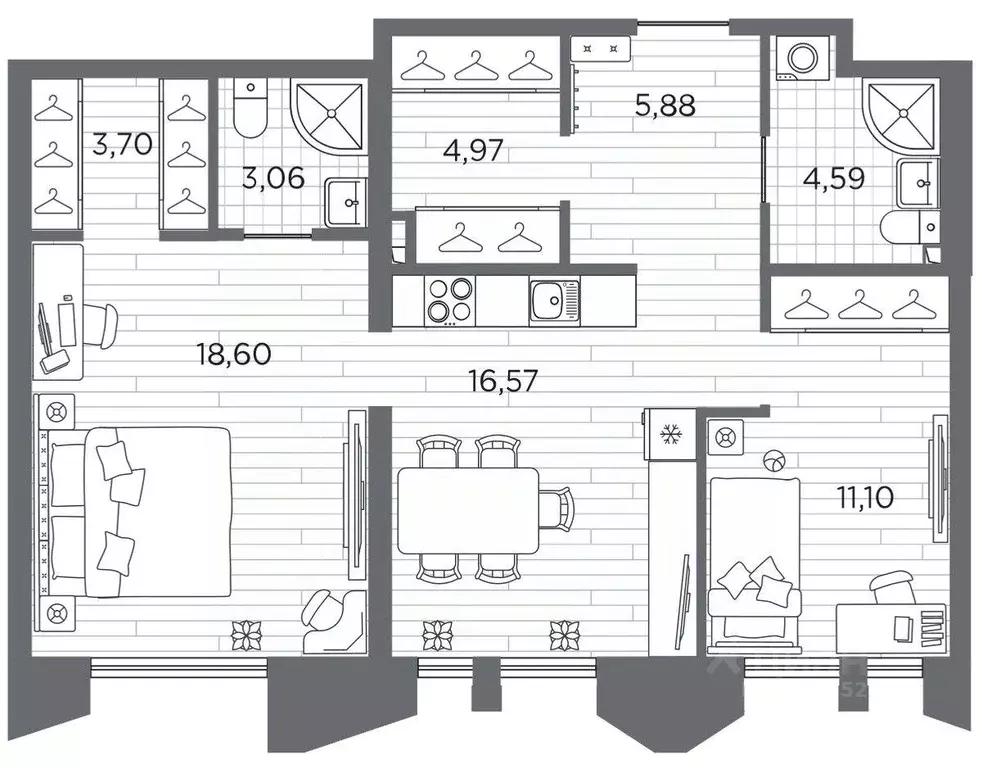 Квартира, 2 комнаты, 68.47 м - Фото 1