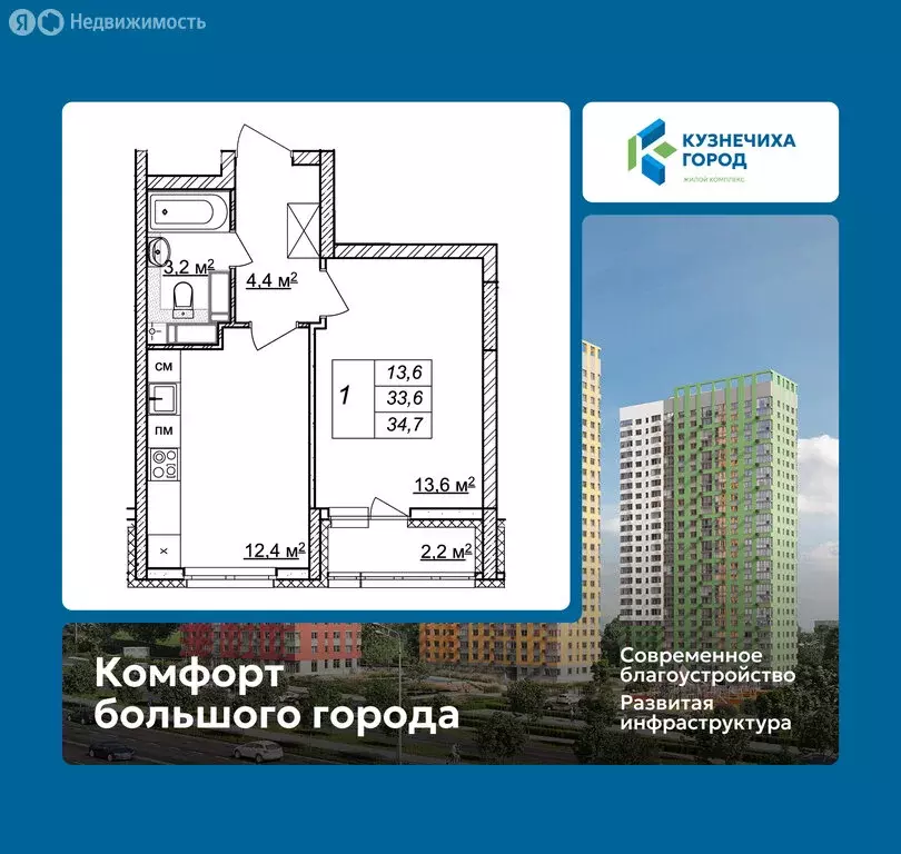 1-комнатная квартира: Нижний Новгород, ЖК Кузнечиха Город, 13 (34.7 м) - Фото 1