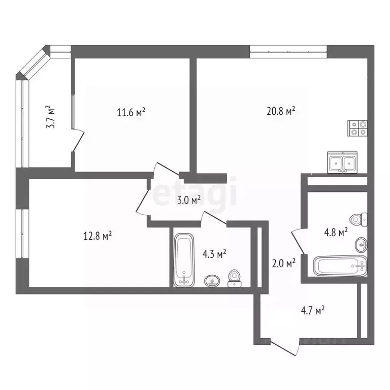 2-к кв. Тюменская область, Тюмень ул. Эльвиры Федоровой, 1к1 (63.4 м) - Фото 2