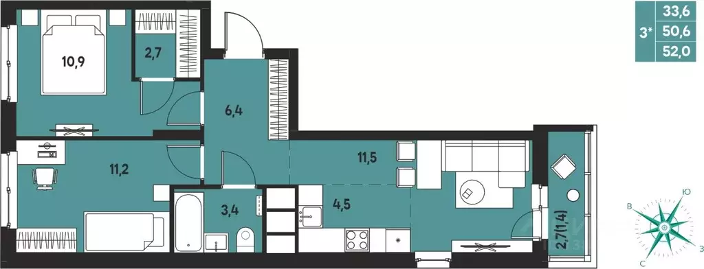 Студия Пермский край, д. Кондратово Мы жилой комплекс (52.0 м) - Фото 1