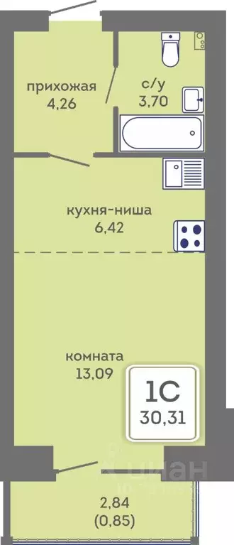 Студия Пермский край, Пермь Кировоградская ул., 28 (30.31 м) - Фото 1