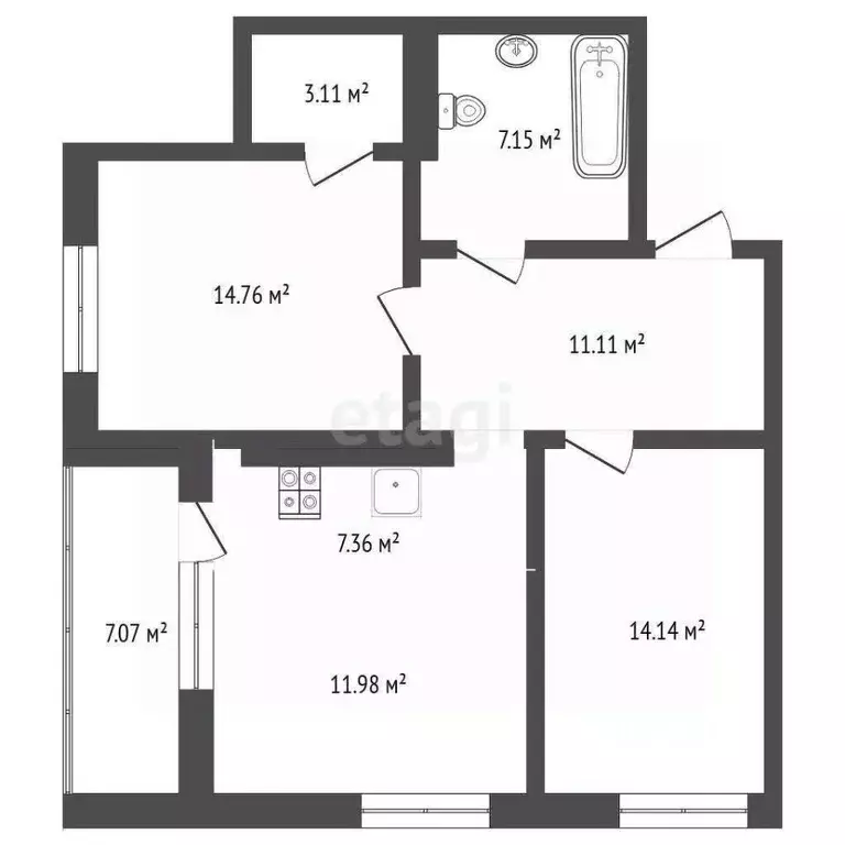 2-к кв. Тюменская область, Тюмень ул. Евгения Войнова, 7 (76.3 м) - Фото 2