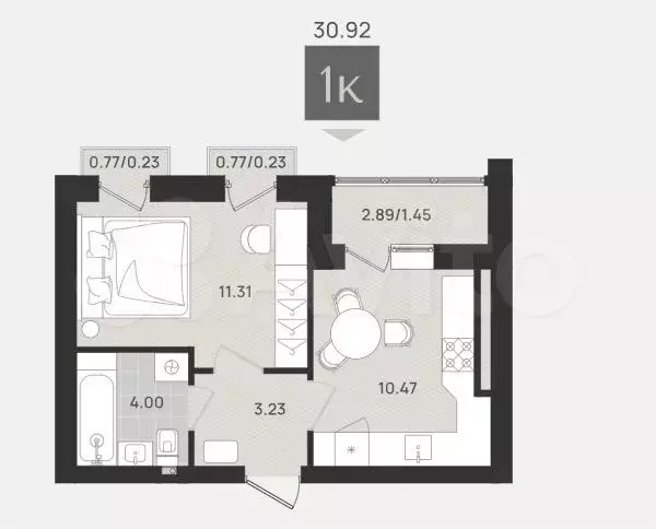 1-к. квартира, 30,9 м, 9/9 эт. - Фото 1