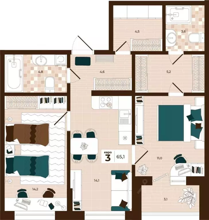 3-к кв. Тульская область, Тула ул. Академика Насоновой, 3 (65.1 м) - Фото 0