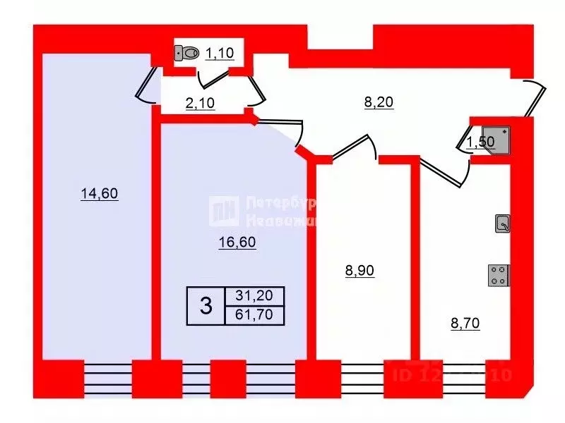 Комната Санкт-Петербург Чкаловский просп., 52 (31.2 м) - Фото 1