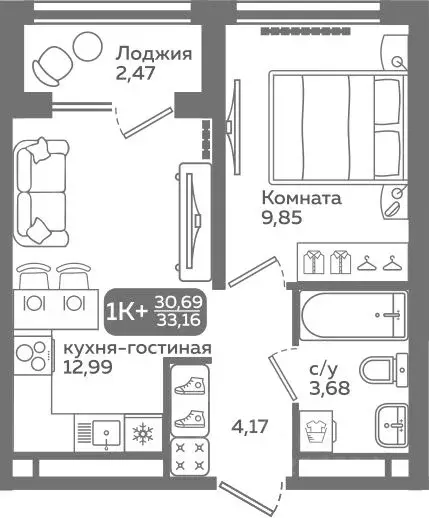 1-к кв. Тюменская область, Тюмень ул. Заполярная, 9/2 (30.69 м) - Фото 0