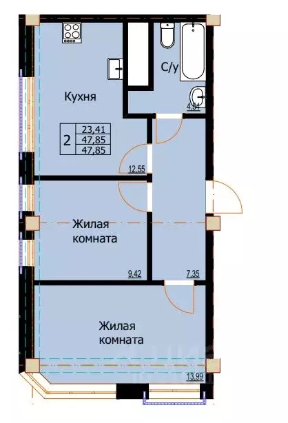 2-к кв. Ставропольский край, Ессентуки  (47.85 м) - Фото 1