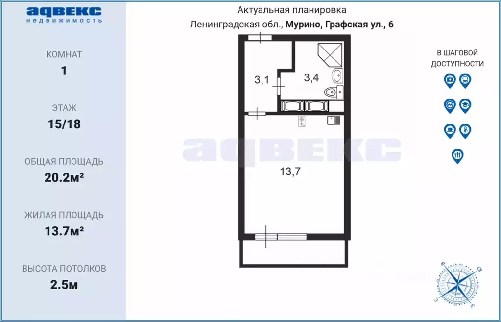 студия ленинградская область, мурино всеволожский район, ул. графская, . - Фото 1