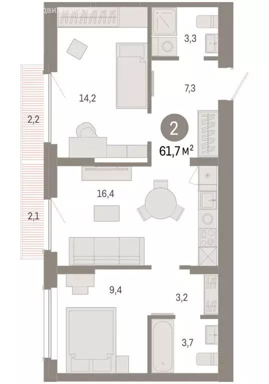 2-комнатная квартира: Новосибирский район, рабочий посёлок Краснообск, ... - Фото 2