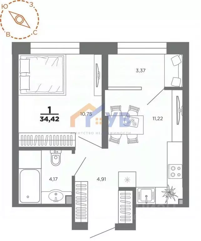 1-к кв. Рязанская область, Рязань Новая ул., 39 (34.4 м) - Фото 1