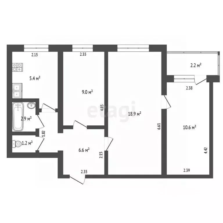 3-к кв. Башкортостан, Стерлитамак Коммунистическая ул., 43 (53.5 м) - Фото 2