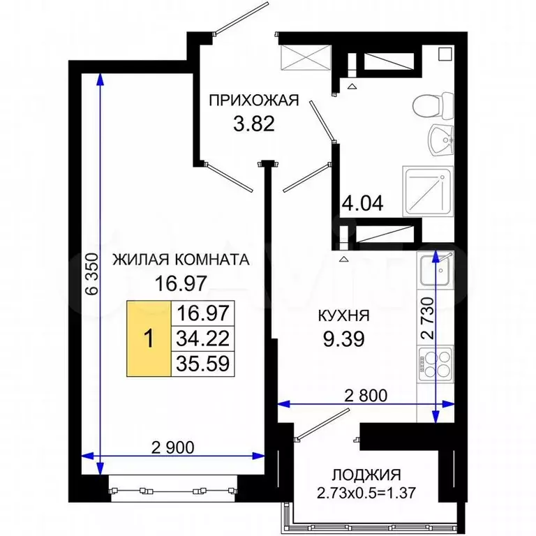 1-к. квартира, 35,6 м, 22/24 эт. - Фото 1