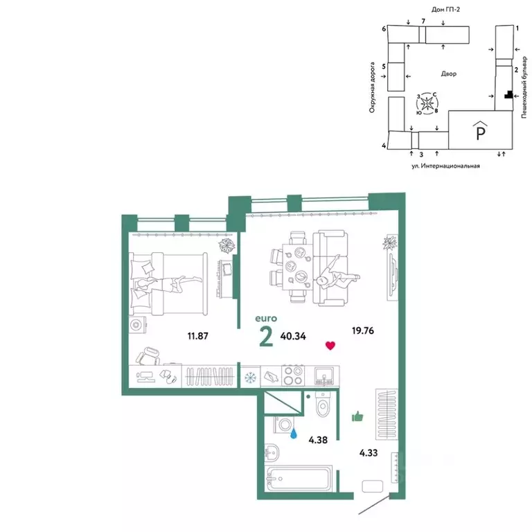 2-к кв. Тюменская область, Тюмень Интернациональная ул., 199к9 (40.34 ... - Фото 1