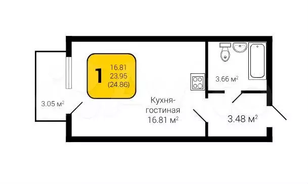 Квартира-студия, 25,3 м, 3/4 эт. - Фото 1