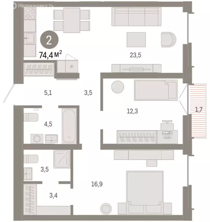 2-комнатная квартира: Тюмень, жилой комплекс Республики 205 (74.43 м) - Фото 2