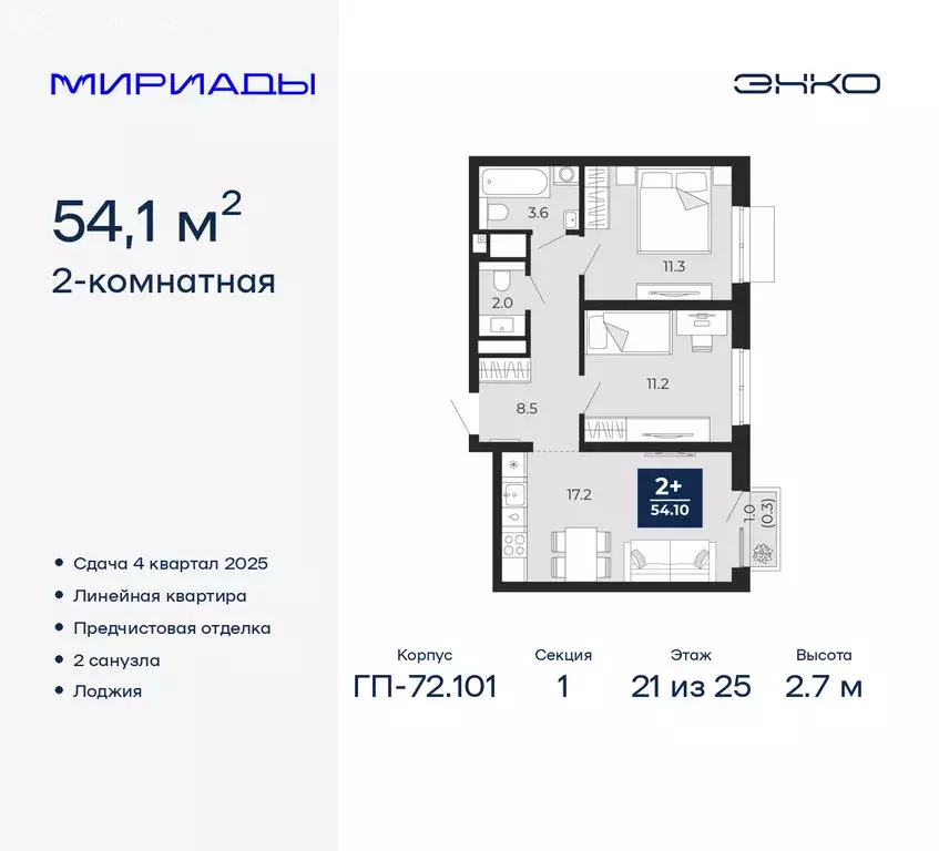2-комнатная квартира: Тюмень, Ленинский округ (54.1 м) - Фото 0