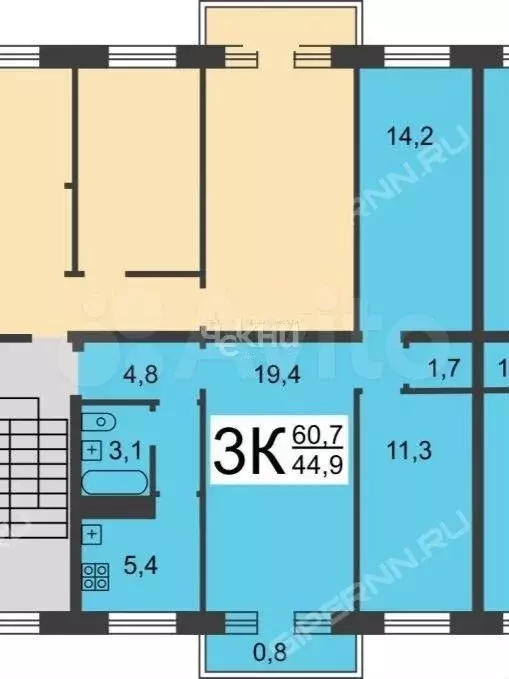 3-к. квартира, 60 м, 3/5 эт. - Фото 0