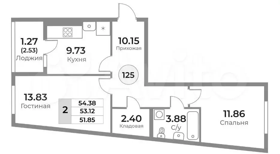 2-к. квартира, 53,1 м, 5/9 эт. - Фото 1