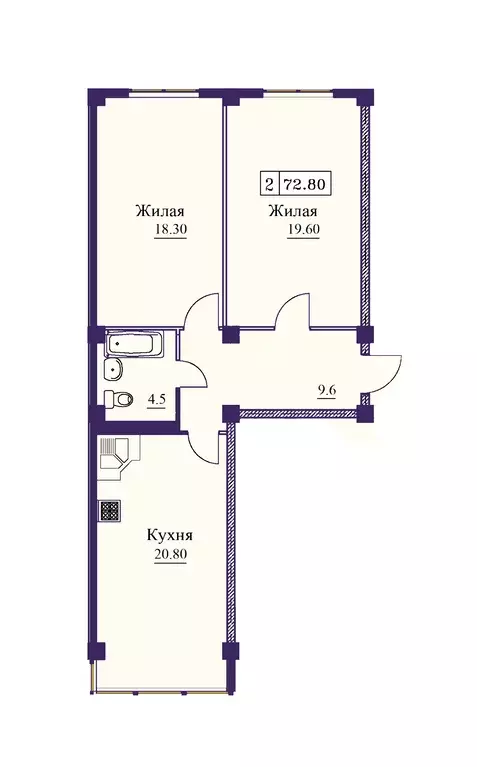 2-к квартира, 72.8 м - Фото 0