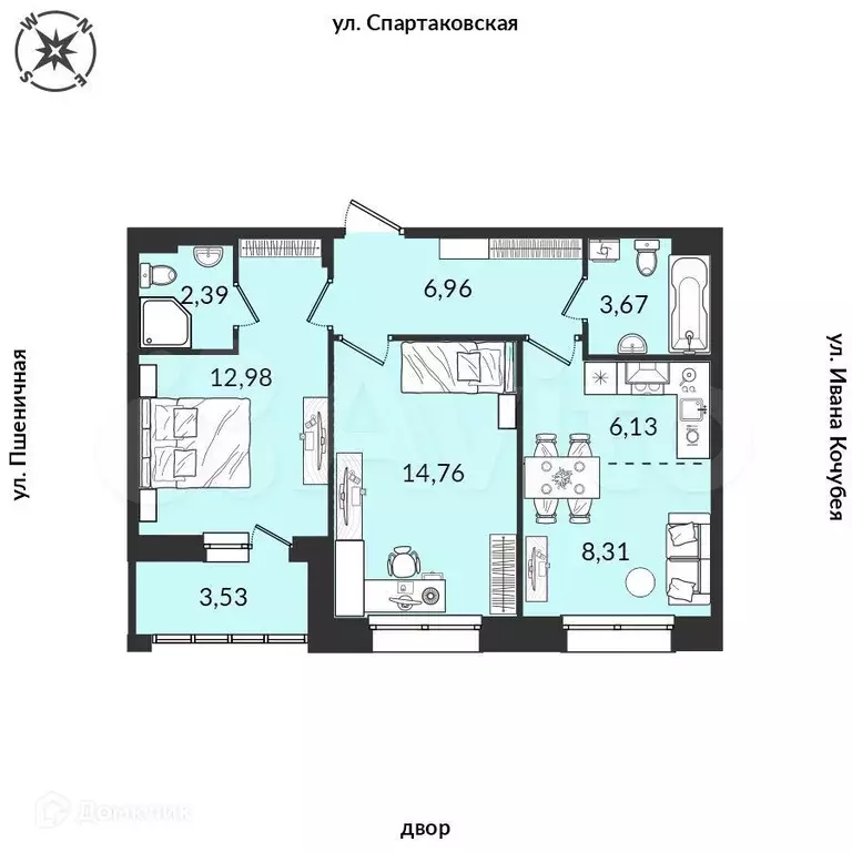 2-к. квартира, 62 м, 9/12 эт. - Фото 0