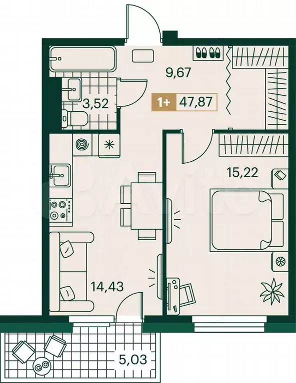 1-к. квартира, 47,9 м, 6/9 эт. - Фото 0