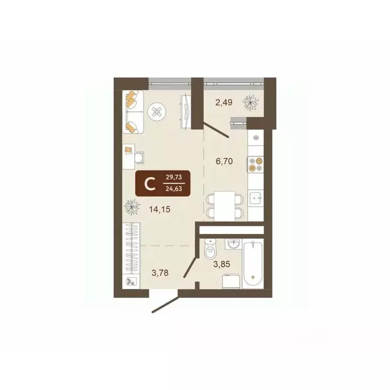 Студия Кемеровская область, Новокузнецк Макеевская ул. (29.73 м) - Фото 2