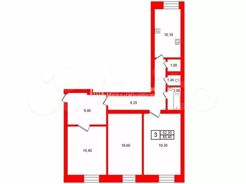 3-к. квартира, 85,4 м, 4/6 эт. - Фото 0