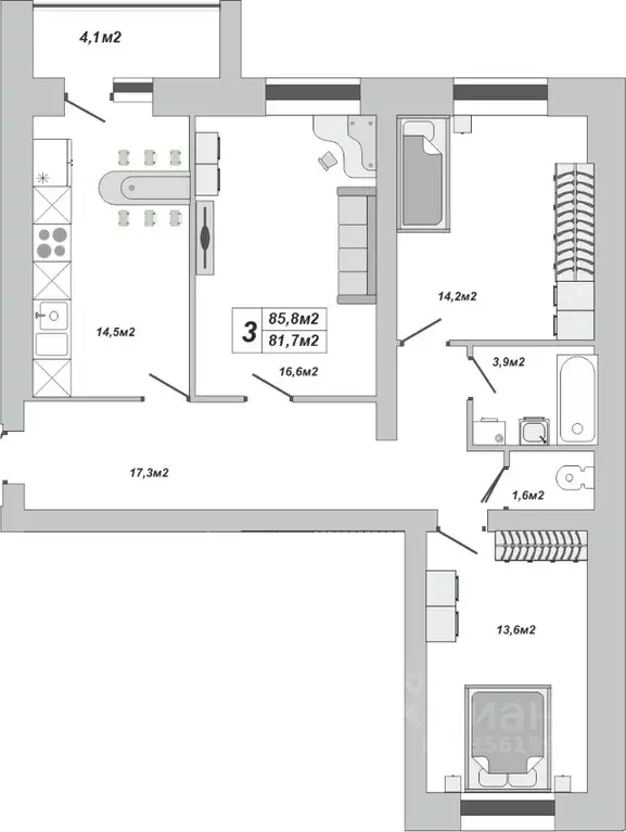 3-к кв. Тамбовская область, Тамбов ул. Чичерина, 7/1к3 (85.8 м) - Фото 0