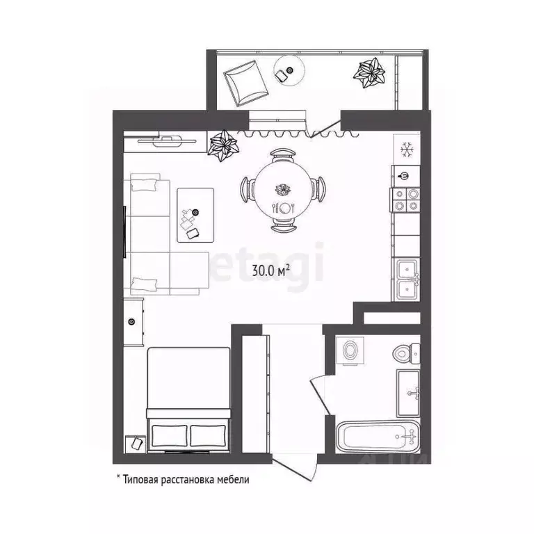 Студия Тюменская область, Тюмень ул. Дмитрия Менделеева, 2 (30.0 м) - Фото 2