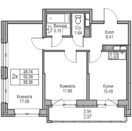 2-к кв. Санкт-Петербург ул. Ивинская, 1к3 (52.39 м) - Фото 0