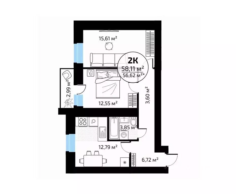 2-к кв. Самарская область, Самара пос. Мехзавод, 1-й кв-л, 50 (58.11 ... - Фото 1