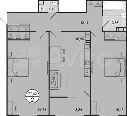 2-к. квартира, 77,4 м, 9/9 эт. - Фото 1