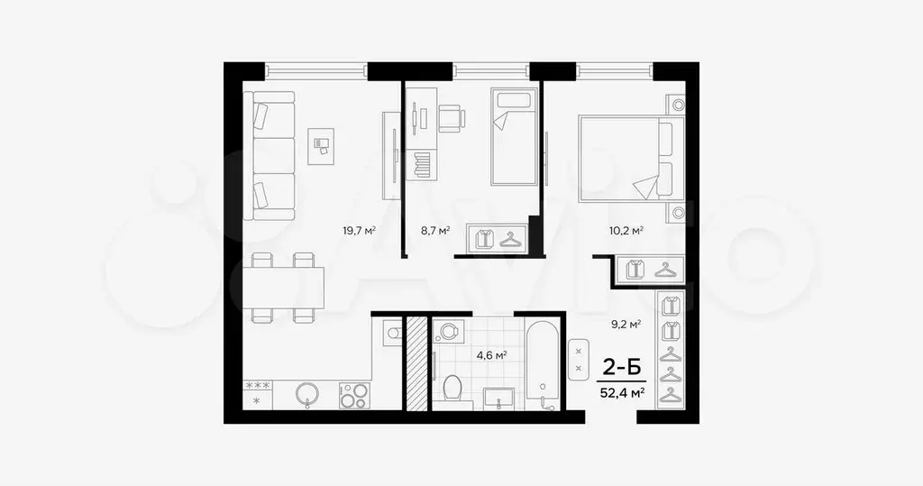 2-к. квартира, 52,4 м, 9/9 эт. - Фото 0