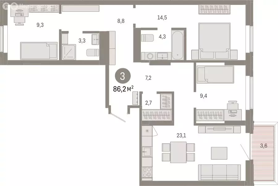 3-комнатная квартира: Омск, Кировский округ (86.19 м) - Фото 1