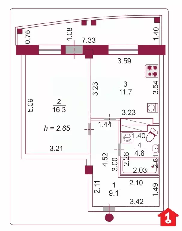 1-к кв. Омская область, Омск ул. Крупской, 34 (40.4 м) - Фото 2