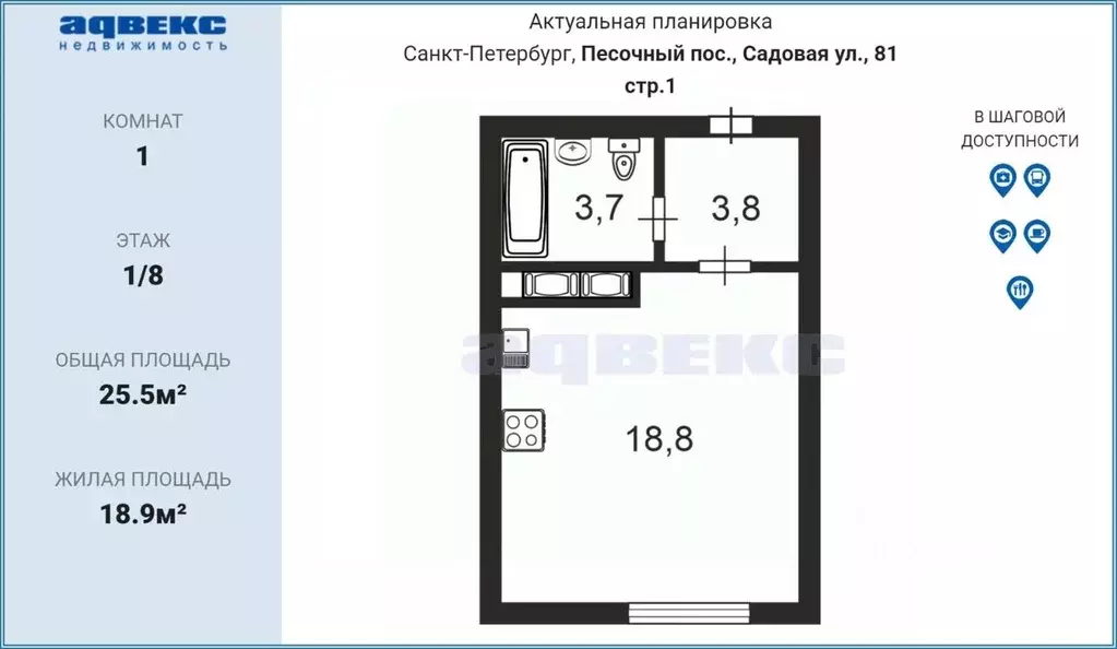 Студия Санкт-Петербург пос. Песочный, Садовая ул., 81 (25.5 м) - Фото 2