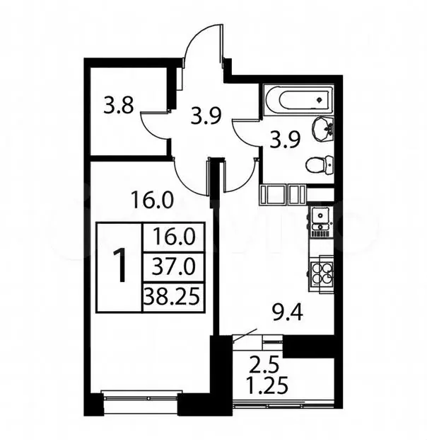 1-к. квартира, 38,3м, 9/12эт. - Фото 0