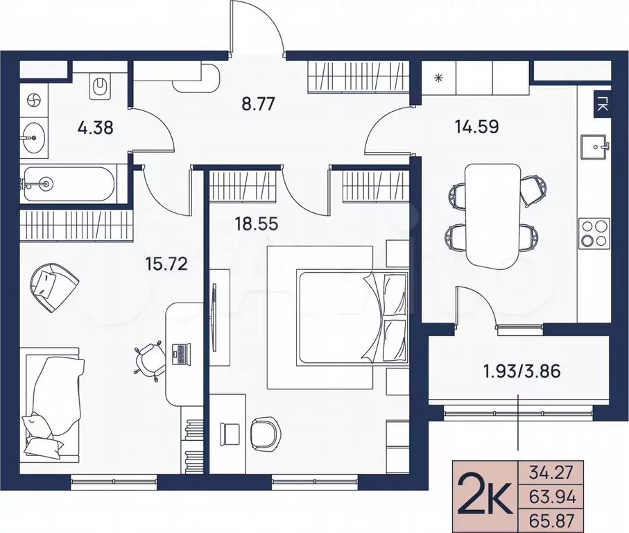 2-к. квартира, 65,9 м, 2/4 эт. - Фото 0