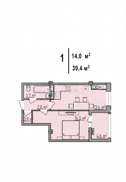 1-к. квартира, 39,4 м, 3/7 эт. - Фото 0