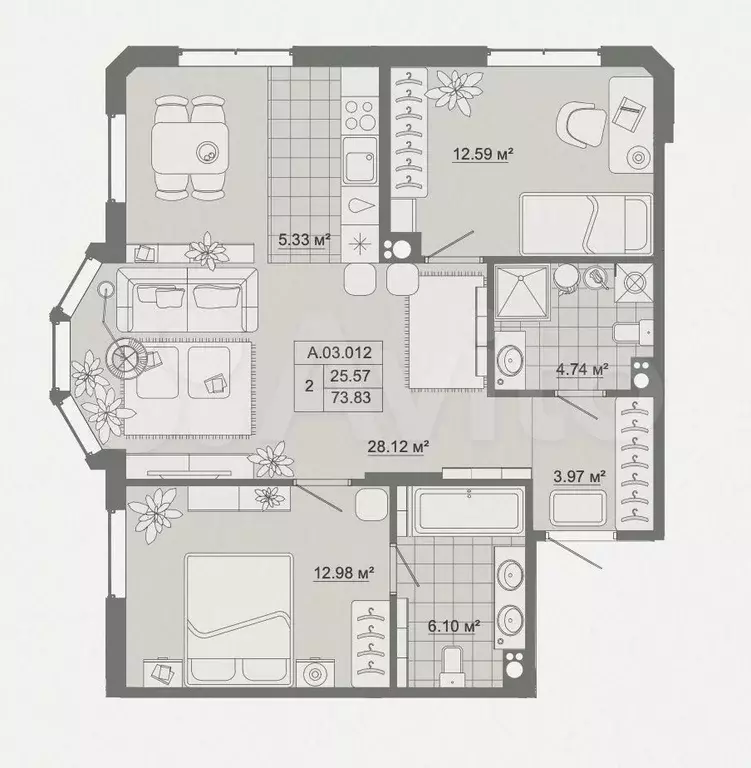 2-к. квартира, 74 м, 3/6 эт. - Фото 0