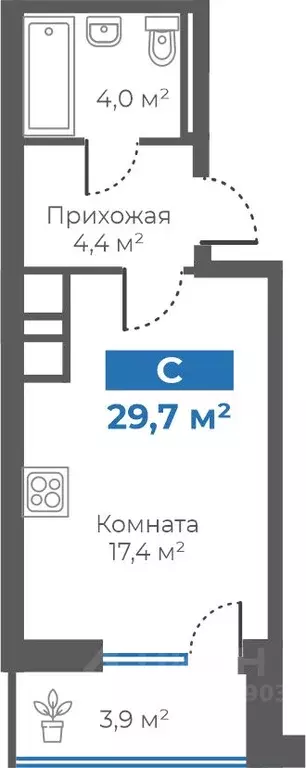 Студия Тюменская область, Тюмень Интернациональная ул., 197В (30.0 м) - Фото 1