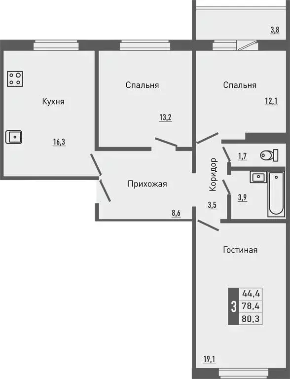 3-комнатная квартира: деревня Жилина, улица Генерала Лаврова, 7 (80.3 ... - Фото 0