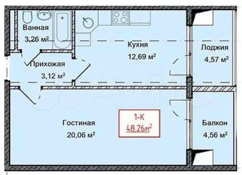 1-к. квартира, 48,3 м, 7/13 эт. - Фото 1